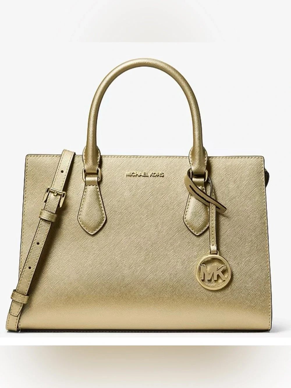 NWT Michael Kors Sheila Medium Metallic Gold Saffiano Leather Satchel
